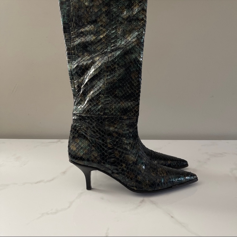Vintage 90s Gucci Tom Ford Python Snakeskin Green Slip On Long Knee High Boot - Picture 8 of 14